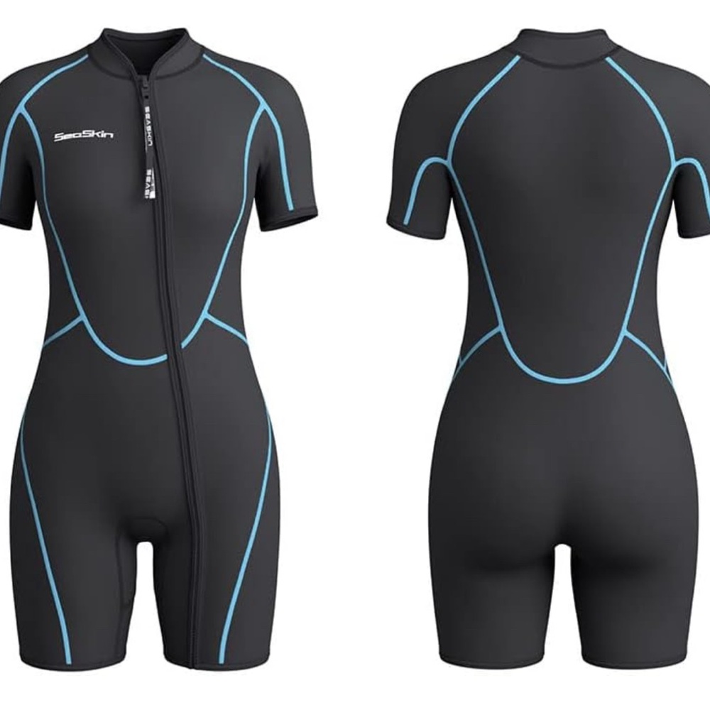 Black and Blue One Piece Swim Shorty with Front Zip